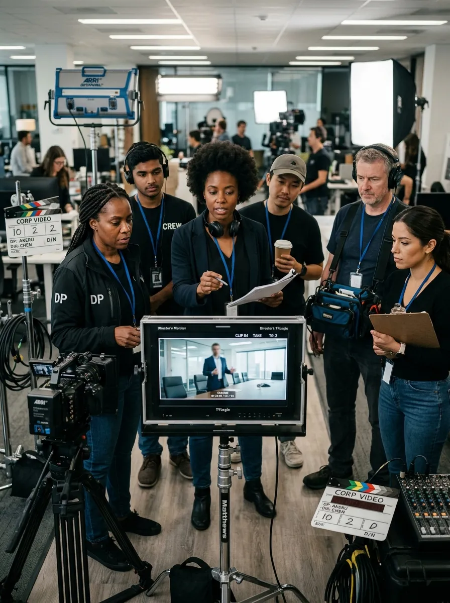 Corporate Film Production Crew Reviewing Footage